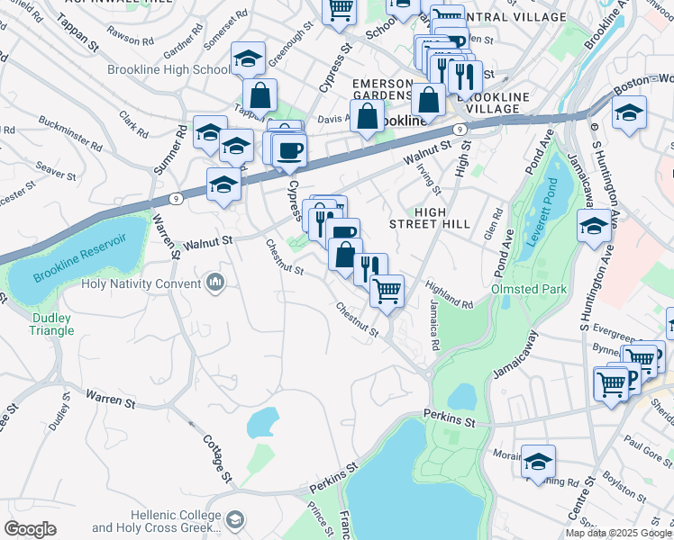 map of restaurants, bars, coffee shops, grocery stores, and more near 236 Cypress Street in Brookline