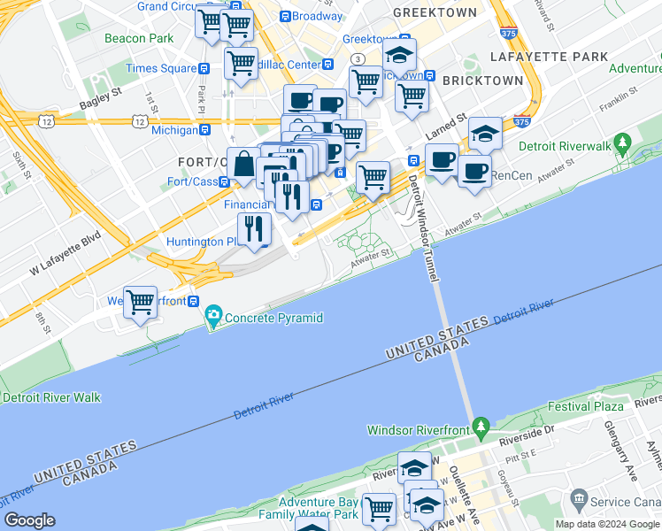 map of restaurants, bars, coffee shops, grocery stores, and more near Civic Center Drive in Detroit