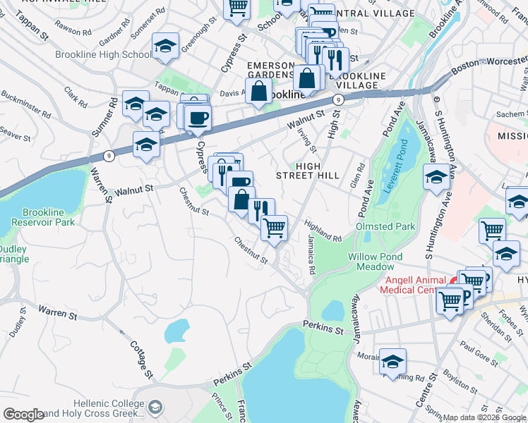 map of restaurants, bars, coffee shops, grocery stores, and more near 23 Roberts Street in Brookline