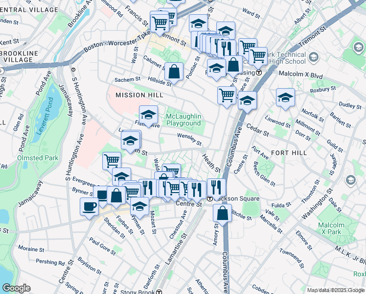map of restaurants, bars, coffee shops, grocery stores, and more near 24 Wensley Street in Boston