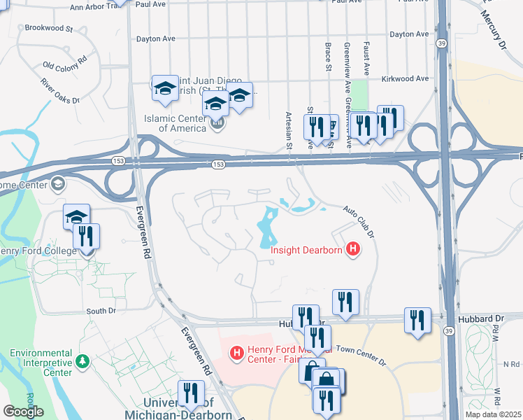 map of restaurants, bars, coffee shops, grocery stores, and more near 5500 Fairlane Woods Drive in Dearborn