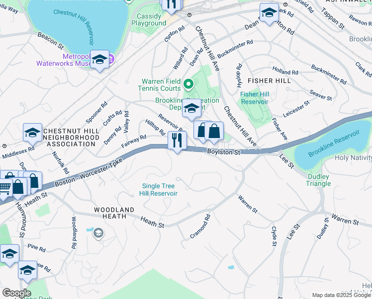 map of restaurants, bars, coffee shops, grocery stores, and more near Boylston Street in Brookline