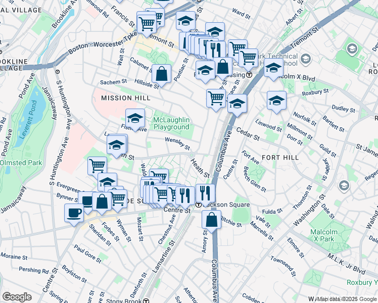 map of restaurants, bars, coffee shops, grocery stores, and more near 4 Fisher Avenue in Boston