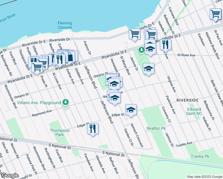 map of restaurants, bars, coffee shops, grocery stores, and more near 6320 Raymond Avenue in Windsor