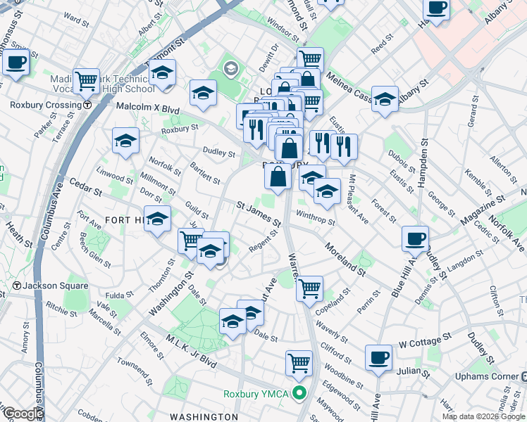 map of restaurants, bars, coffee shops, grocery stores, and more near 39 Saint James Street in Boston