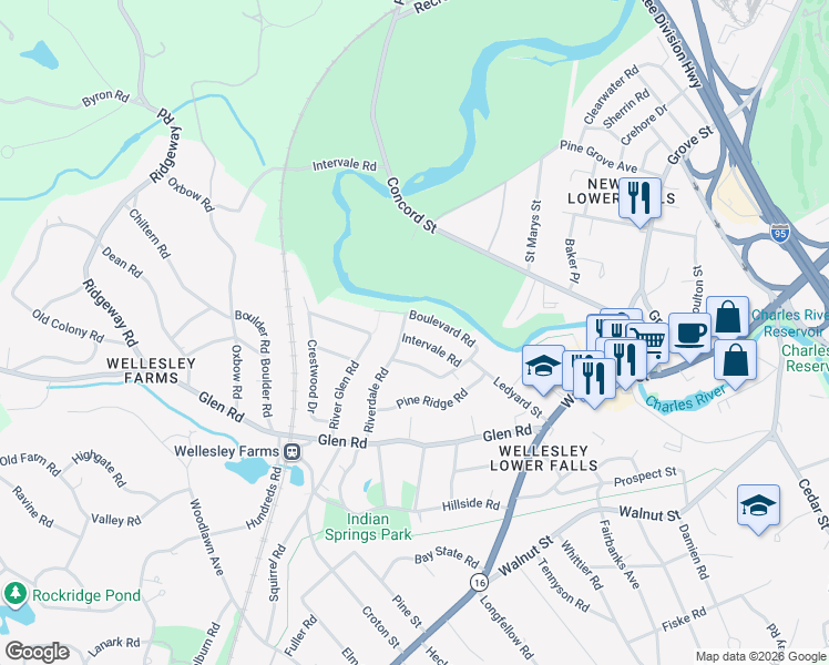 map of restaurants, bars, coffee shops, grocery stores, and more near 17 Boulevard Road in Wellesley