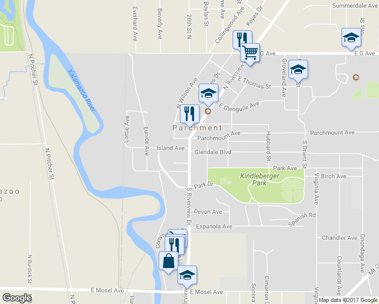 map of restaurants, bars, coffee shops, grocery stores, and more near 2 Glendale Boulevard in Parchment