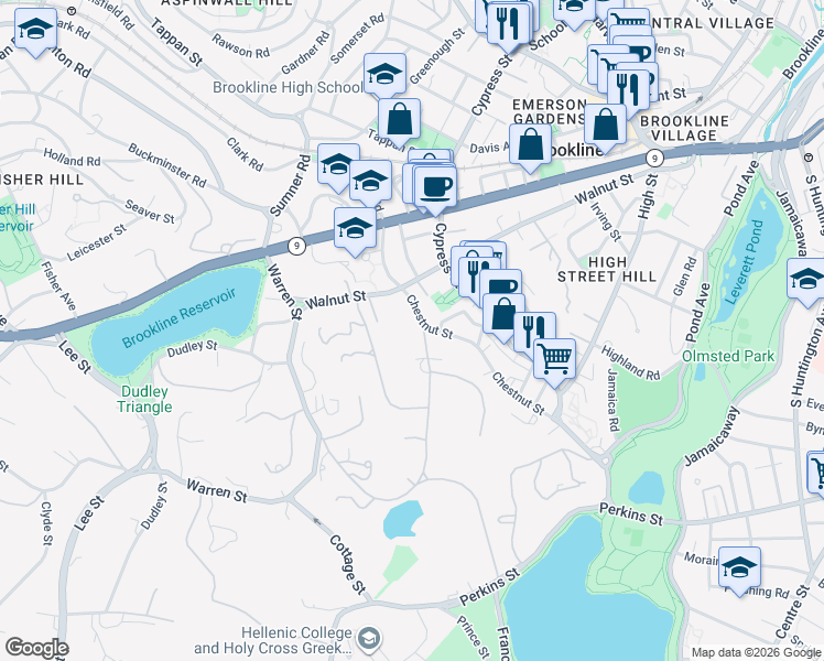 map of restaurants, bars, coffee shops, grocery stores, and more near 27 Chestnut Street in Brookline