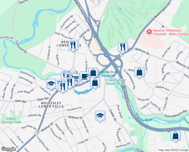 map of restaurants, bars, coffee shops, grocery stores, and more near 49 Executive Park Drive in Newton