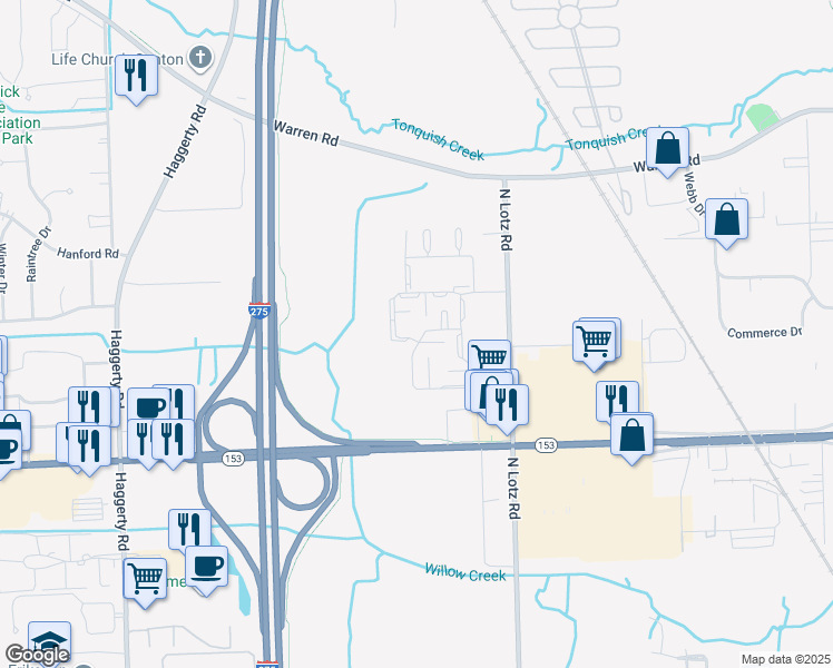map of restaurants, bars, coffee shops, grocery stores, and more near 5955 Edinburgh Street in Canton