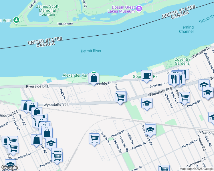 map of restaurants, bars, coffee shops, grocery stores, and more near 3915 Riverside Drive East in Windsor