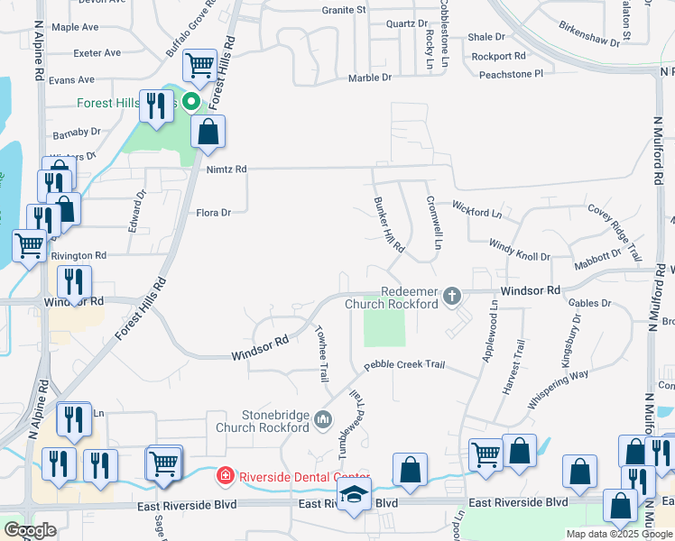 map of restaurants, bars, coffee shops, grocery stores, and more near 5440 Windsor Road in Loves Park