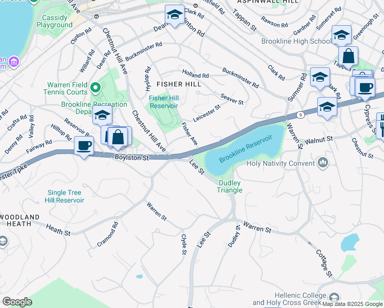 map of restaurants, bars, coffee shops, grocery stores, and more near 674 Boylston Street in Brookline