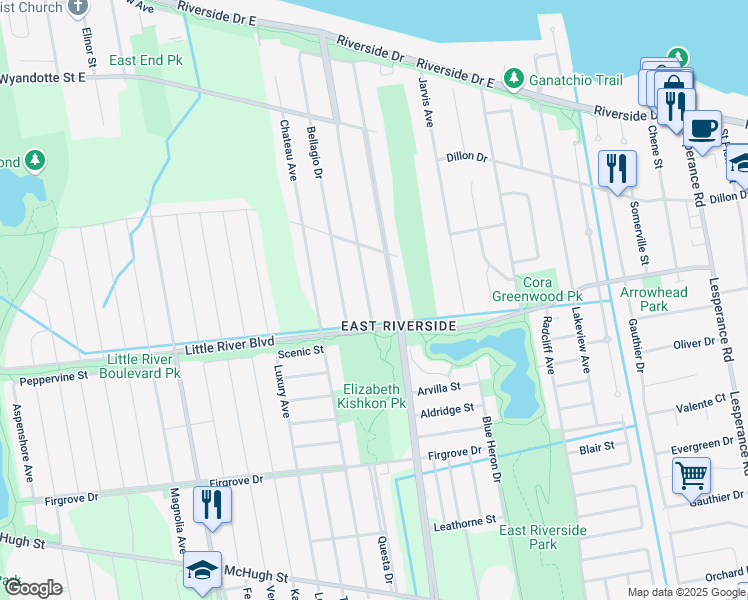 map of restaurants, bars, coffee shops, grocery stores, and more near 1156 Greenpark Boulevard in Windsor