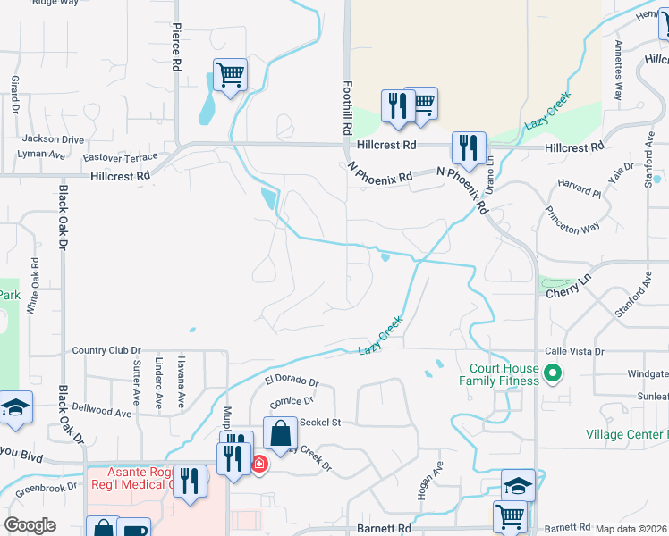 map of restaurants, bars, coffee shops, grocery stores, and more near 83 South Foothill Road in Medford