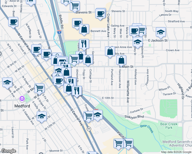 map of restaurants, bars, coffee shops, grocery stores, and more near 22 Corning Court in Medford