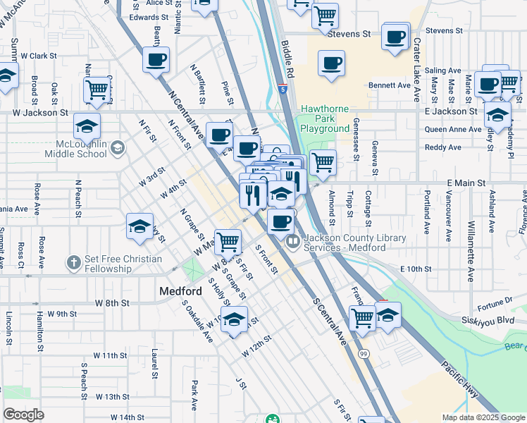 map of restaurants, bars, coffee shops, grocery stores, and more near 302 E Main St in Medford