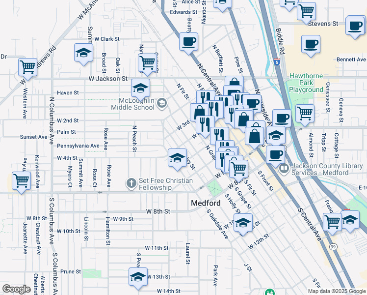 map of restaurants, bars, coffee shops, grocery stores, and more near in Medford