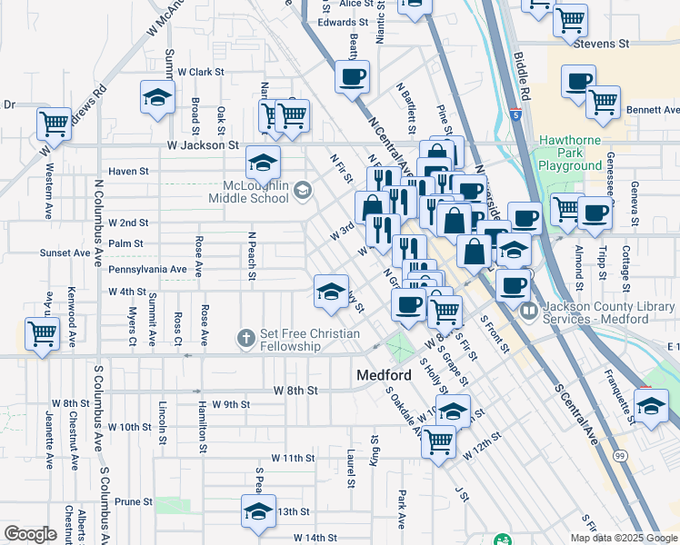 map of restaurants, bars, coffee shops, grocery stores, and more near in Medford