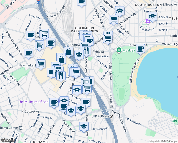 map of restaurants, bars, coffee shops, grocery stores, and more near 670 East 2nd Street in Boston