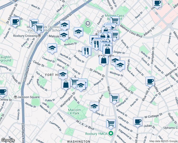 map of restaurants, bars, coffee shops, grocery stores, and more near 65 Saint James Street in Boston