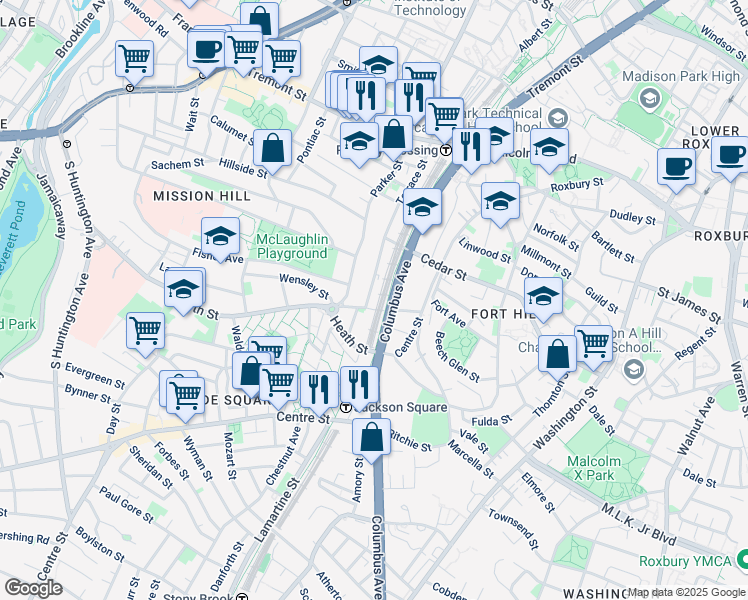 map of restaurants, bars, coffee shops, grocery stores, and more near 164 Terrace Street in Boston