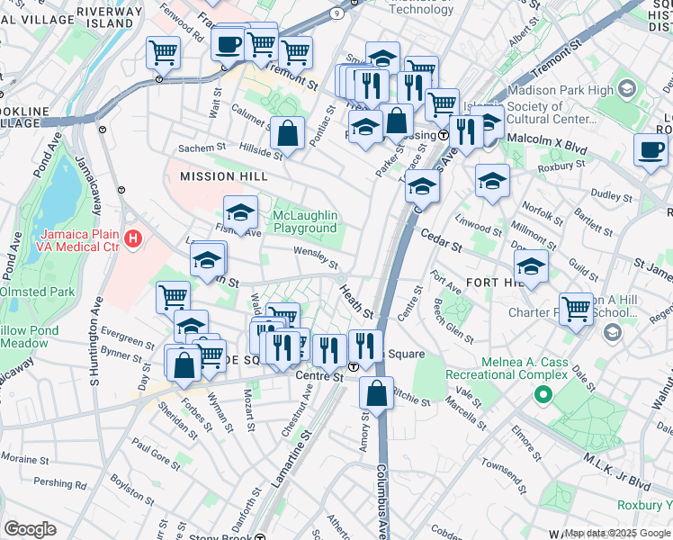 map of restaurants, bars, coffee shops, grocery stores, and more near 4 Fisher Avenue in Boston