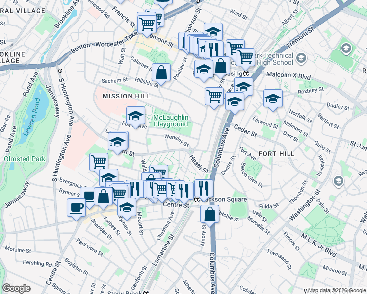 map of restaurants, bars, coffee shops, grocery stores, and more near 24 Wensley Street in Boston