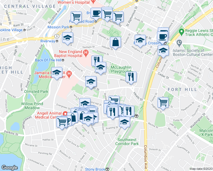 map of restaurants, bars, coffee shops, grocery stores, and more near 6 Bucknam Street in Boston