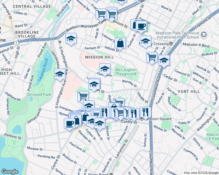 map of restaurants, bars, coffee shops, grocery stores, and more near 6 Bucknam Street in Boston