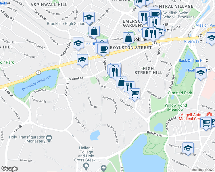 map of restaurants, bars, coffee shops, grocery stores, and more near 25 Prince Street in Brookline