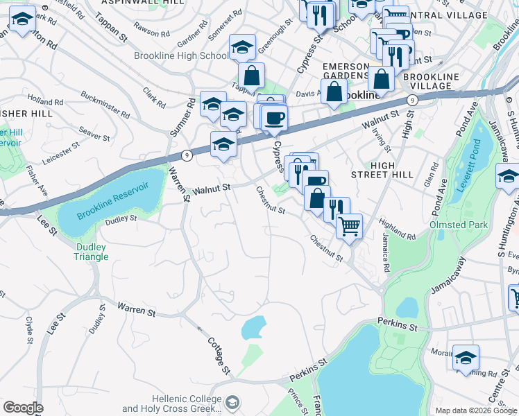 map of restaurants, bars, coffee shops, grocery stores, and more near 27 Chestnut Street in Brookline