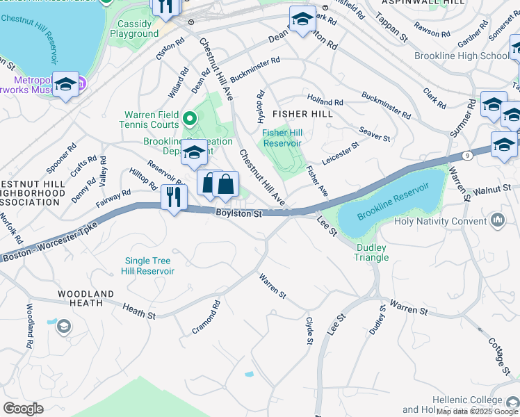 map of restaurants, bars, coffee shops, grocery stores, and more near 30 Eliot Street in Brookline