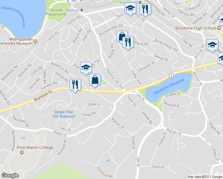 map of restaurants, bars, coffee shops, grocery stores, and more near 30 Eliot Street in Brookline