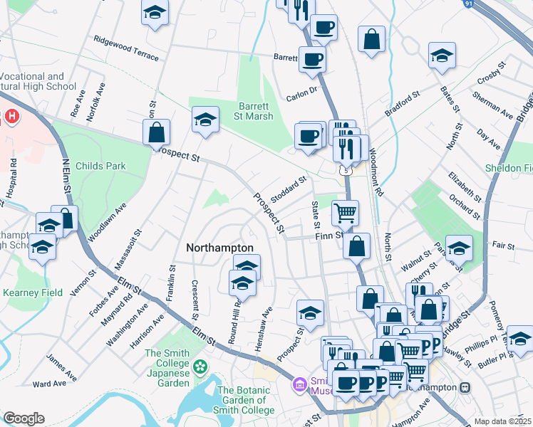 map of restaurants, bars, coffee shops, grocery stores, and more near 196 Round Hill Road in Northampton