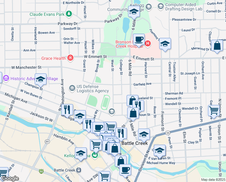map of restaurants, bars, coffee shops, grocery stores, and more near 115 West Street in Battle Creek