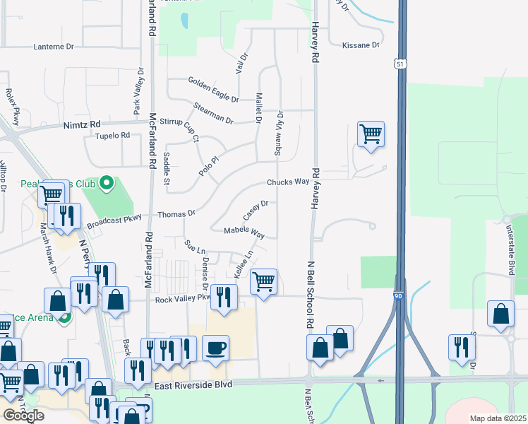 map of restaurants, bars, coffee shops, grocery stores, and more near 4482 Squaw Valley Drive in Loves Park