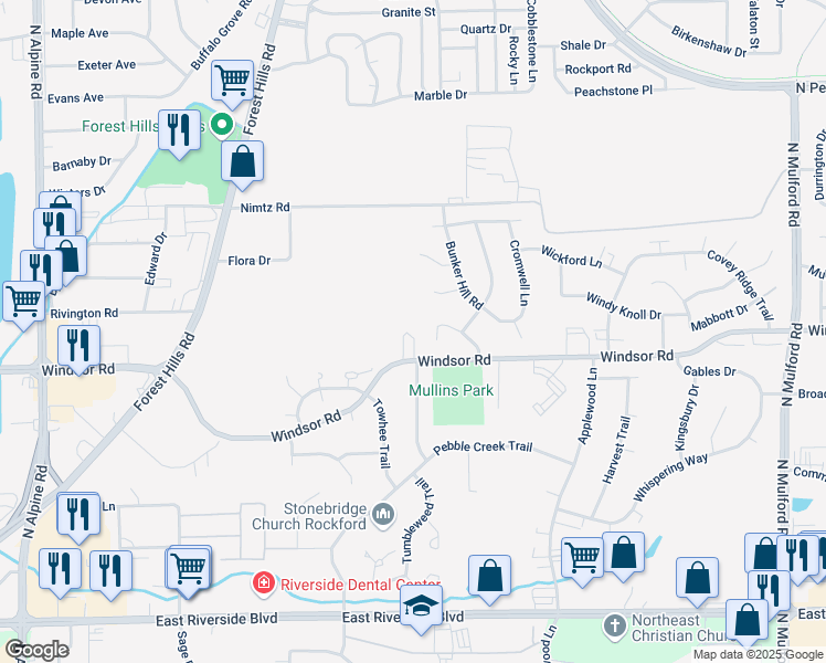 map of restaurants, bars, coffee shops, grocery stores, and more near 5440 Windsor Road in Loves Park