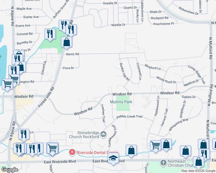 map of restaurants, bars, coffee shops, grocery stores, and more near 5440 Windsor Road in Loves Park