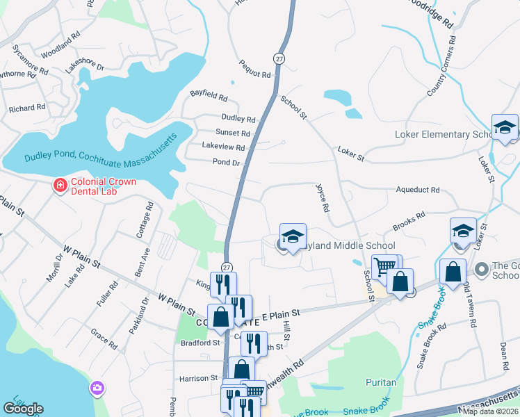 map of restaurants, bars, coffee shops, grocery stores, and more near 6 Keith Road in Wayland