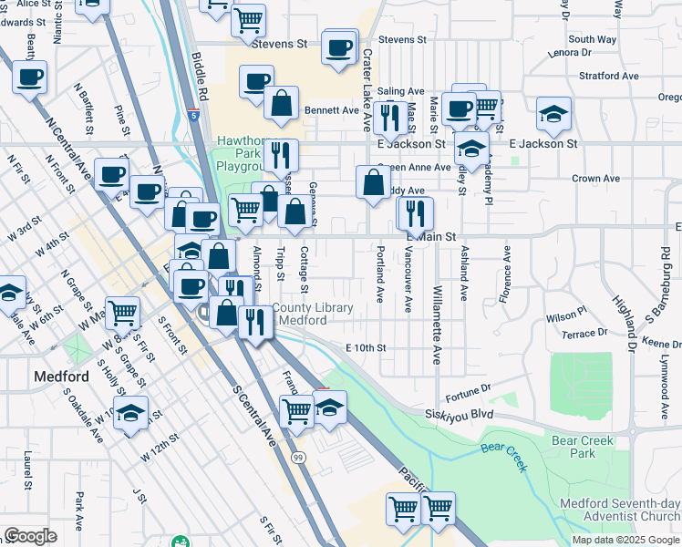 map of restaurants, bars, coffee shops, grocery stores, and more near 839 Taylor Street in Medford
