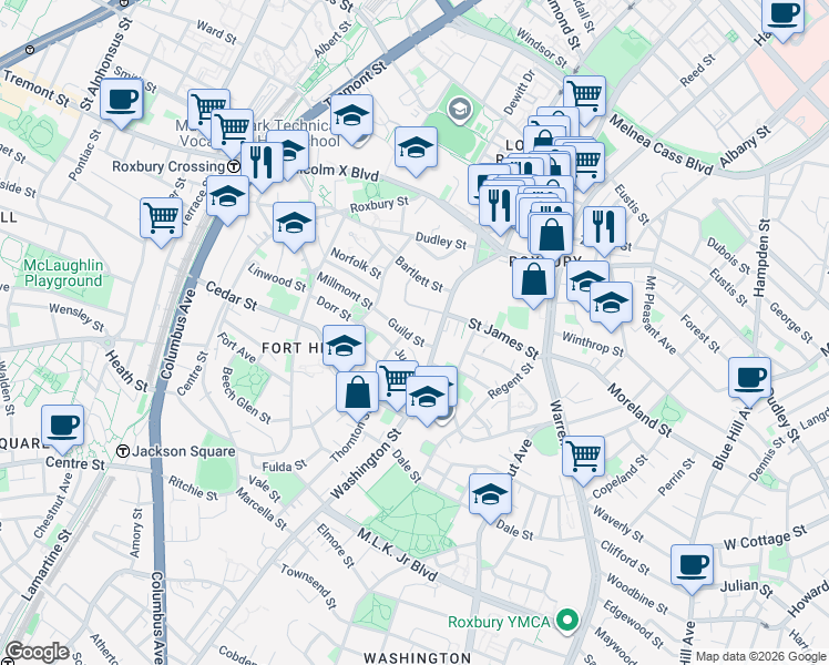 map of restaurants, bars, coffee shops, grocery stores, and more near 2565 Washington Street in Boston