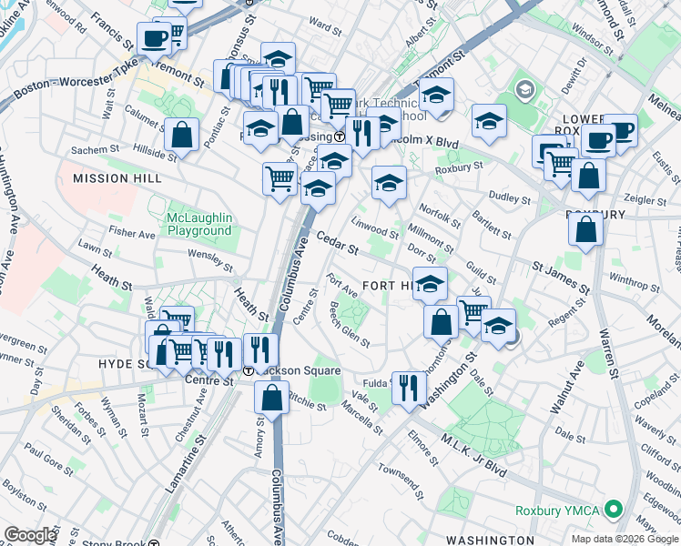 map of restaurants, bars, coffee shops, grocery stores, and more near 8 Highland Park Avenue in Boston