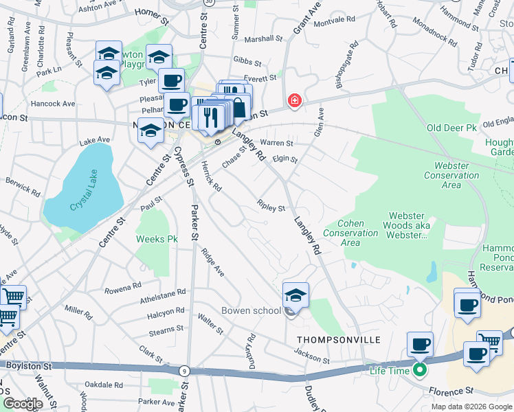 map of restaurants, bars, coffee shops, grocery stores, and more near 37 Knowles Street in Newton