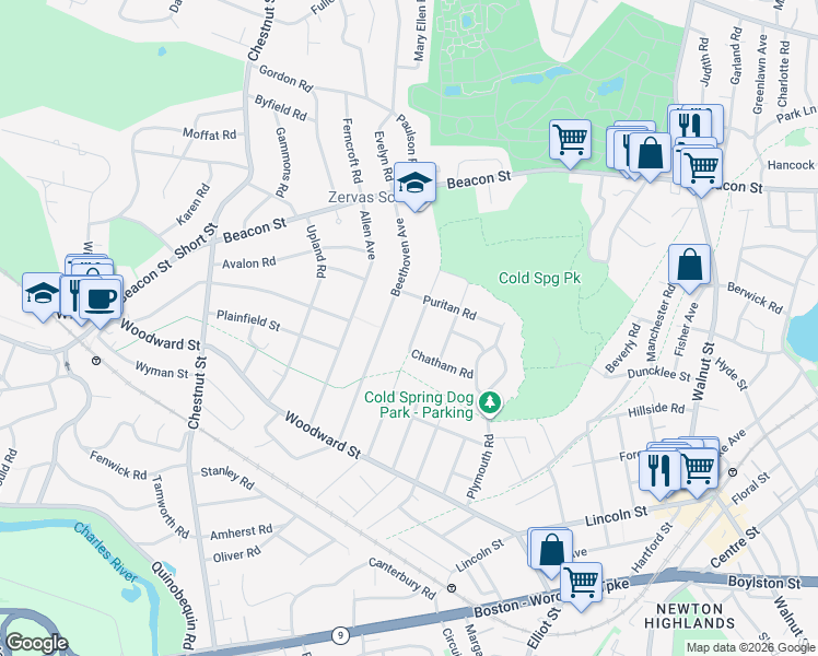 map of restaurants, bars, coffee shops, grocery stores, and more near 98 Beethoven Avenue in Newton