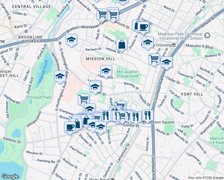 map of restaurants, bars, coffee shops, grocery stores, and more near 6 Bucknam Street in Boston