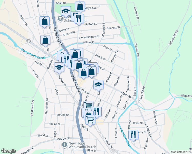 map of restaurants, bars, coffee shops, grocery stores, and more near 200-204 Main Street in Hornell