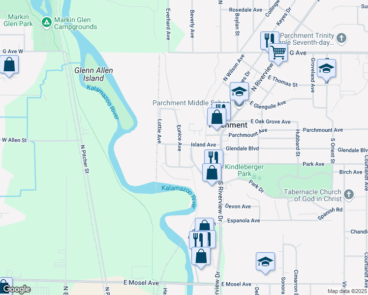 map of restaurants, bars, coffee shops, grocery stores, and more near 317 Eunice Avenue in Parchment