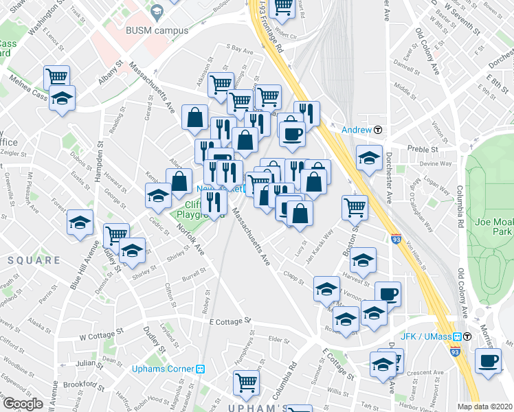 map of restaurants, bars, coffee shops, grocery stores, and more near 1100 Massachusetts Avenue in Boston