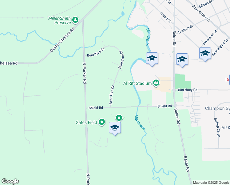 map of restaurants, bars, coffee shops, grocery stores, and more near 2504 Bent Tree Drive in Dexter